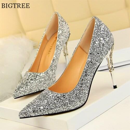 2021 New Fashion Metal Carved Heel Women Pumps 8 Colors Sequined Cloth Shallow High Heels Shoes Sexy Womens Wedding Shoes Party