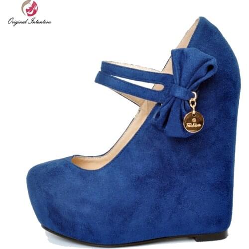 Original Intention Elegant Women Sandals Platform Round Toe Wedges Sandals High-quality Dark Blue Shoes Woman Plus Size 4-15