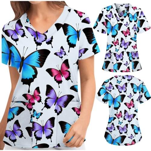 S-XXL Women Short Sleeve V-neck Butterfly Print Tops Nursing Working Uniform T-shirts verpleegster uniform Colorful butterfly F4