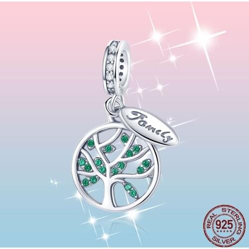 Family Tree Charms Pendant 925 Sterling Silver Green CZ Family Tree Charm Beads fit Original Pandora Bracelet Necklace Jewelry