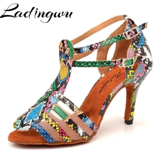 Ladingwu Latin Salsa Dance Shoes Women Snake texture PU Dance Shoes Ballroom dance For Women Sandals Zapatos de fiesta