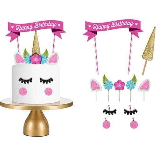 1 Set Handmade Gold Pink Unicorn Party Cupcake Baking Decoration Happy Birthday Party Flag Baby Children Party Decor Cake Decor