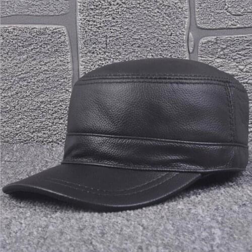 XdanqinX Simple Genuine Leather Hat Men Real Cowhide Leather Caps Military Hats Adjustable Head Size Mens Flat Cap Snapback Cap