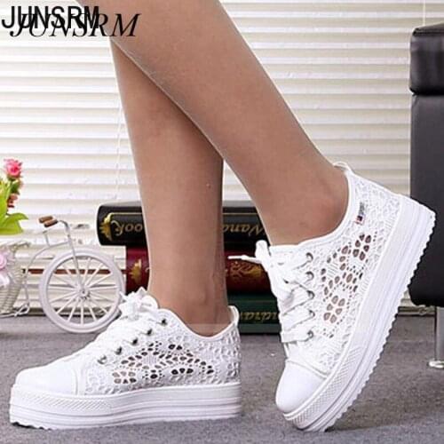 Women Sneakers Solid Color Lace Mesh Comfy Breathable Lace-Up Casual Platform Ladies Flats Hollow Floral Thick Bottom Footwear