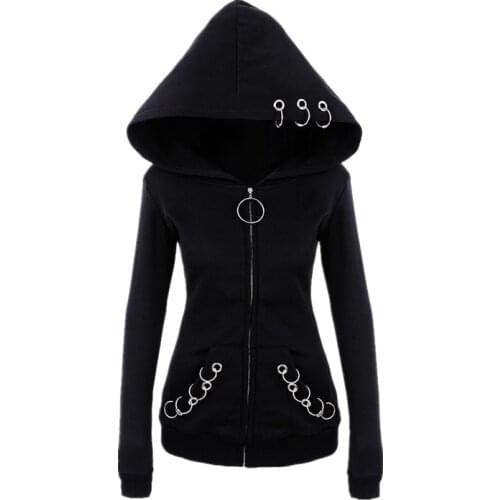 Women Black Punk Hoop Rave Occult Witch Hooded Cloak Cardigan Gothic Hoodie Jacket Solid Metal Ring Leisure Fashion Trend