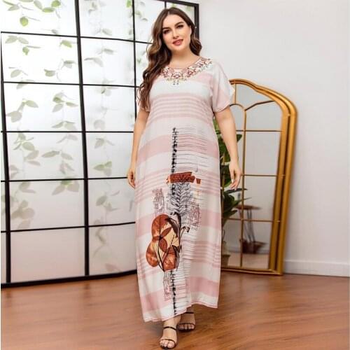 Plus Size Women Maxi Long Dress Fashion Loose Casual Embroiderey O Neck Short Sleeve Vintage Ethnic Arabian Dresses Summer 2020