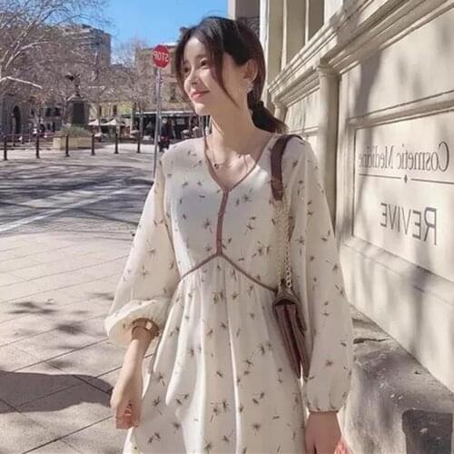 New Spring Women Long Dress Chiffon Floral Print Long Sleeve V-neck Dress For Women Date Party Clothing