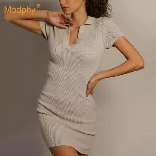 Free Shipping Women Elastic Knit Dress Sexy Bodycon Short Sleeve Lapel Mini Dress Female Club Evening Party Vestidos 2021 Summer