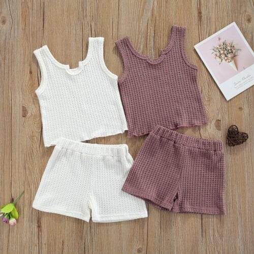 2 Pcs Fashionable Infant Casual Outfits Solid Color Baby Waffle Thin Section Pattern U-shaped Neck Tank Top + Shorts