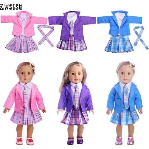 Doll Clothes School Uniform 3 Colors 5 Pcs/Set Tie+T-shirt+Coat+Skirt+Shoes For 18 Inch American&43 Cm Born Doll Girl Generation