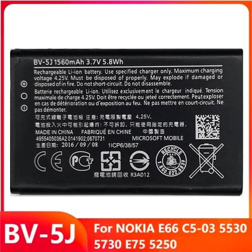 Original Replacement Phone Battery BV-5J For NOKIA E66 C5-03 5530 5730 E75 5250 BV-5J Genuine Rechargable Batteries 1110mAh