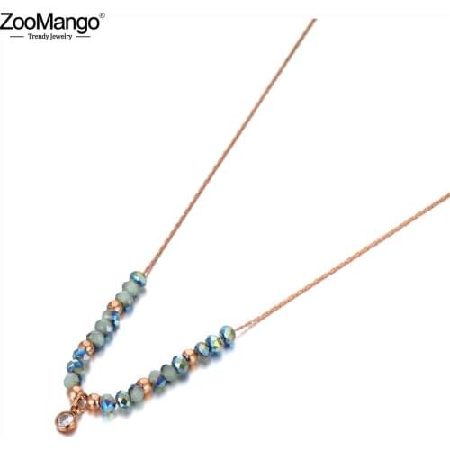 ZooMango Titanium Stainless Steel Colorful Crystal Charm Pendant Necklaces Trendy Rose Gold Choker Necklace For Women ZN20112