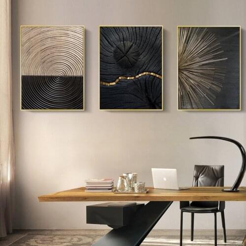 Mural abstract retro black gold wood art poster 3D tree ring radial line Nordic canvas picture home decoration painting
