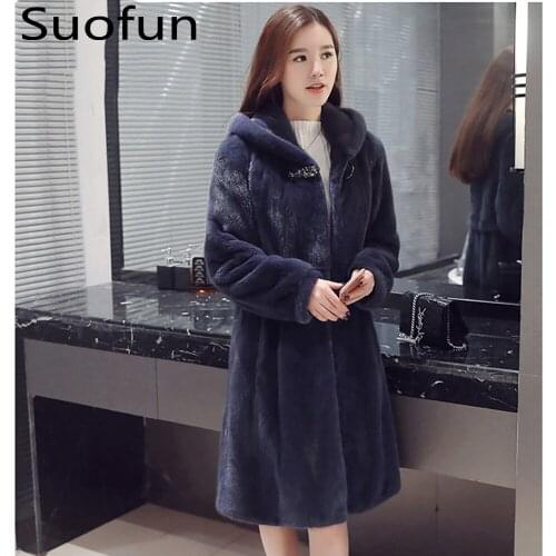 Suofun Long V-Neck Slim Vintage Fashion Women Fur Coat Imitation Mink Fur Whole Mink Medium Length Hooded Winter Women Coats