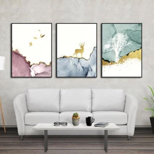 Modern Gilt Art Seascape Plant Deer Abstract Living Room Ink Jet Printing Decoration Triptych
