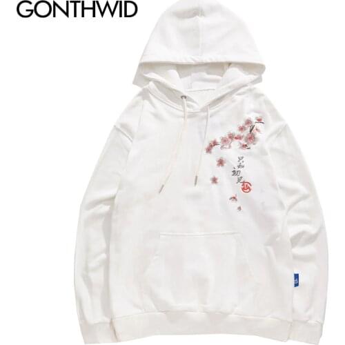 GONTHWID Harajuku Embroidery Crane Cherry Blossoms Flower Hoodies Sweatshirts Streetwear 2020 Hip Hop Casual Hooded Tops Outwear