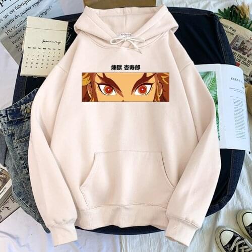 Hoodies Women Anime Demon Slayer Rengoku Kyoujurou Print Long-Sleeved Women O-Neck Oversize Sweatshirt Loose Soft All-Match Tops