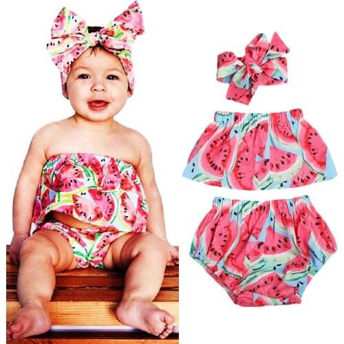 Stock Infant Baby Girl Outfit Off Shoulder watermelon printe Top Shorts + Headband Romper Set NEW Summer cloth 3pcs beachwear