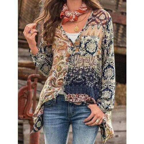 Sexy V-neck Retro Print Irregular Womens Shirt Autumn Hot Sale Long Sleeve Chiffon Casual Shirt Office Ladies Plus Size Shirt