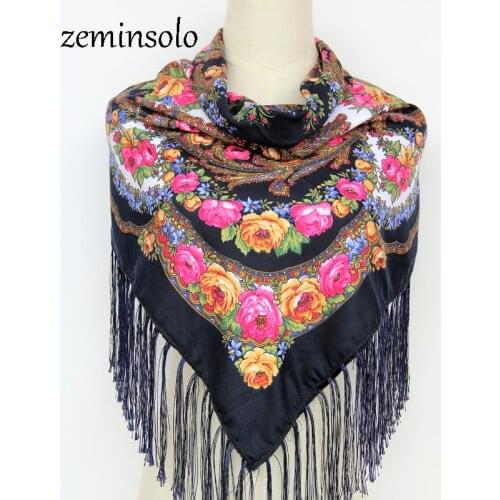 Hot Sale Russian Square Scarf Scarves Cotton Tassels Scarves Shawls Stoles Women Floral Printed Female Pashmina Hijab Bandana