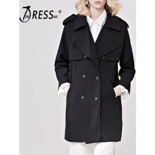 INDRESSME Casual Streetwear Full Sleeve Turn Down Collar Women Trench Long Wide Waisted Double Breasted Women Coat Clearance