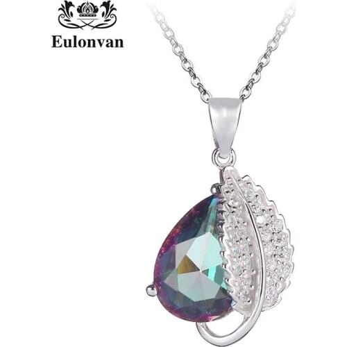 Eulonvan Noble Women necklaces pendants 925 sterling silver luxury Leaf and Heart Rainbow Mystic Stone Jewelry kolye Colar S3728