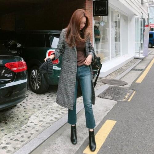 2021 Vintage Plaid Coat Lattice Woolen Jacket Autumn Winter Long Slim Lapel Womens Korean Fashion Clothing Roupas Femininas New