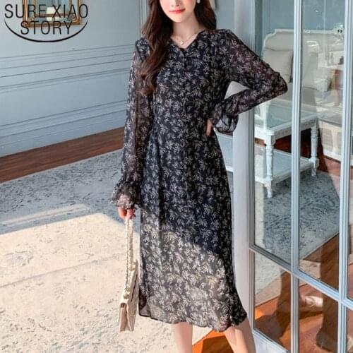 Spring New Vintage Elegant Flare Sleeve Party Dress Floral Print Chiffon Dress V-neck Long Sleeve Midi Dresse Robe Femme 8029 50