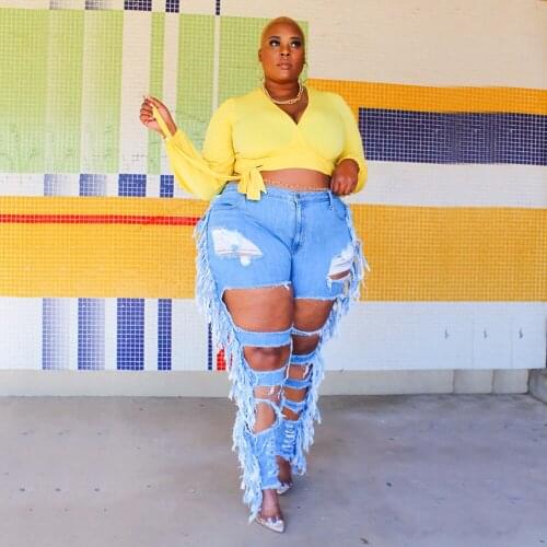 ZJFZML ZZ Women Clothing Jeans Plus Size Side Tassels Hollow Pencil Trouser High Waist Sweatpant Jogger Dropshipping Wholesale