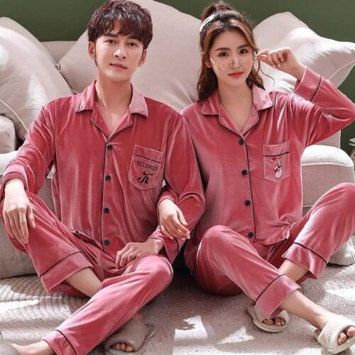 Couple Gold Velvet Nightwear Long Sleeve Spring Autumn Velour Pajamas Womens Winter Clothes Men Homewear Pyjamas Suit
