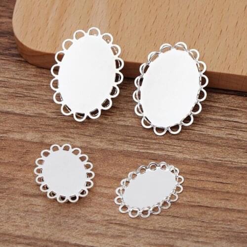 100pcs silver plated 13x18mm 18x25mm bezel blank pendant base cabochon settings double lace oval tray