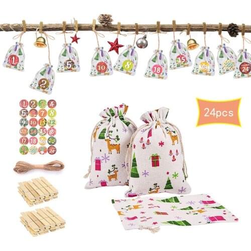 24pcs/set DIY Christmas Elk Print Gift Jute Bags Drawstring Linen Bags Packaging Storage Bag With Clip Rope Sticker