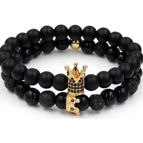 8mm 2PCS/Lot hd23 elastic adjusted nature stone Frosted agate Onyx black volcanic lava white Howlite Crown Bracelet