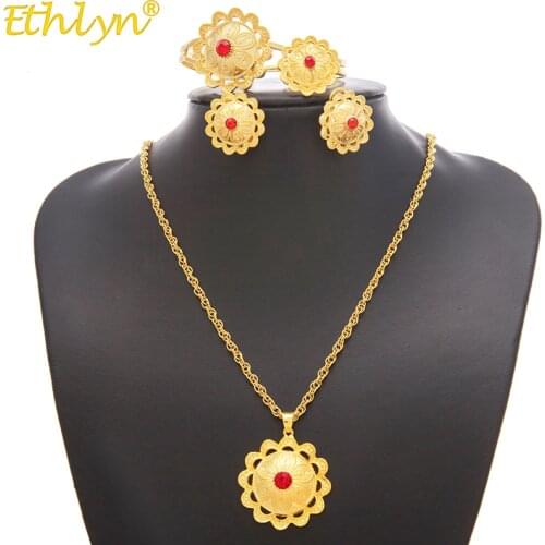 Ethlyn Jewelry Ethiopian/Eritrean Bride Gold Color Jewelry Sets With Stone African Ethnic Gifts Habesha Wedding Giving S197