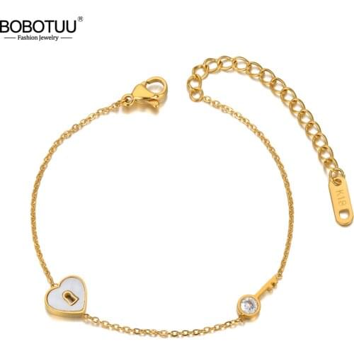 BOBOTUU Trendy Bohemia Cubic Zirconia Chain & Link Bracelet Titanium Steel Shell Lock Key Charm Bracelet For Women BB20135