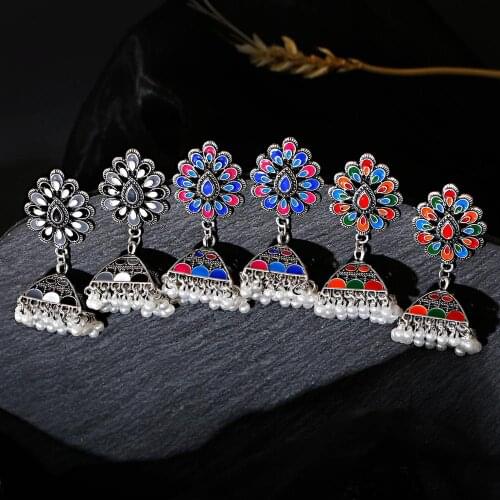 Retro Ethnic Fashion Bohemian Earrings Silver Color Colorful Geometric Pattern Decorative Bells Bead Tassel Earring 2020 Jewelry