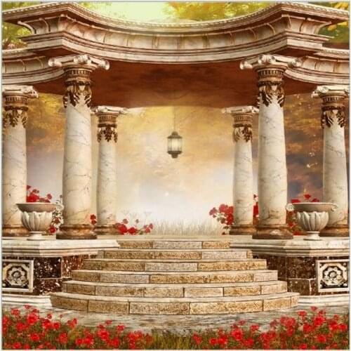 Red Flowers Garden Greek Columns Pillars Steps background polyester or Vinyl cloth High quality Computer print party backdrop