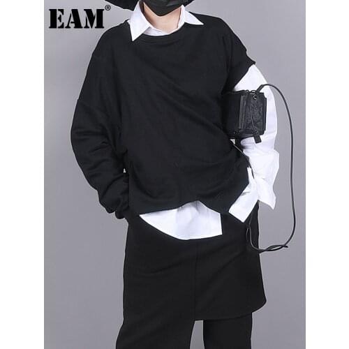 [EAM] Women Black Asymmetrical Split Big Size T-shirt New Round Neck Long Sleeve Fashion Tide Spring Autumn 2021 1R852