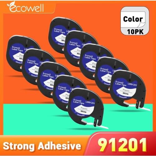 Ecowell 10PK Compatible Dymo LetraTag label Tapes 91201 Black on White 12mm x 4m for LT-100H LT-100T,QX-50,XM,2000,XR printer