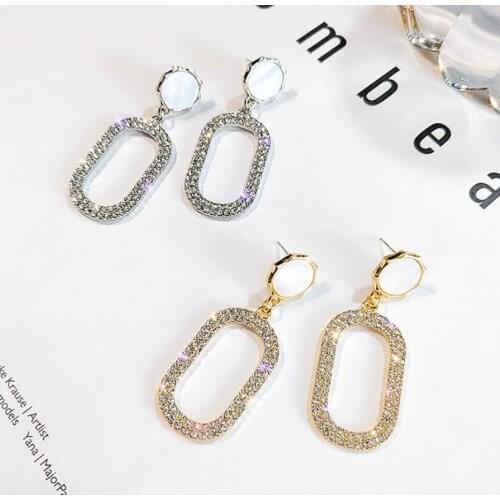 Hyperbole Oval Full Crystal Dangle Drop Earring Gold Color Fashion Jewelry Women French Style