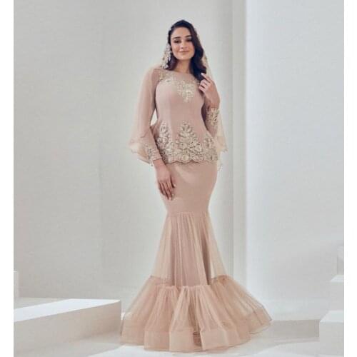 2 Pieces Elegant Champagne Prom Dresses Mermaid Long Sleeve Royal Peplum Crystals Evening Dress Applique robe de soiree