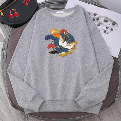 2021 Coldproof Vogue Men Hooded Xiangyun Chinese Style Crane Printing Sportwear Loose Vintage Male Sweatshirt Large Size Hoodie