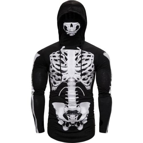 Long Sleeve Mens Skeleton Hoodies with Mask Black Gray Elasticity Coat Moto Biker Style Cool Sweatshirts Thin Print Hoodies