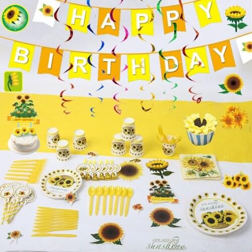 Sunflower Theme Party Disposable Tableware Kids Birthday Baby Shower Tableware Set Flower Plants Plate Party Decoration Supplies