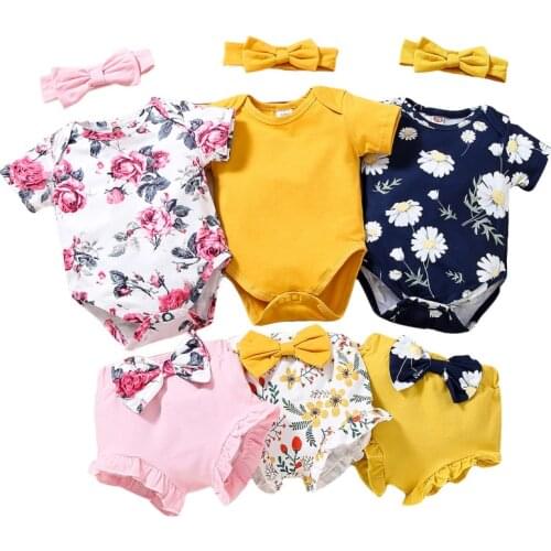 Three Piece Baby Girls Clothes , Fresh Flower Short Sleeve Romper and Solid Color Short Pants with Headband Summer 2021