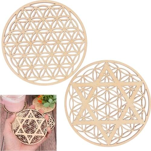 1PC Chakra Flower of life Natural Symbol Wood Round Edge Circles Carved Coaster For Stone Crystal Set DIY Decor