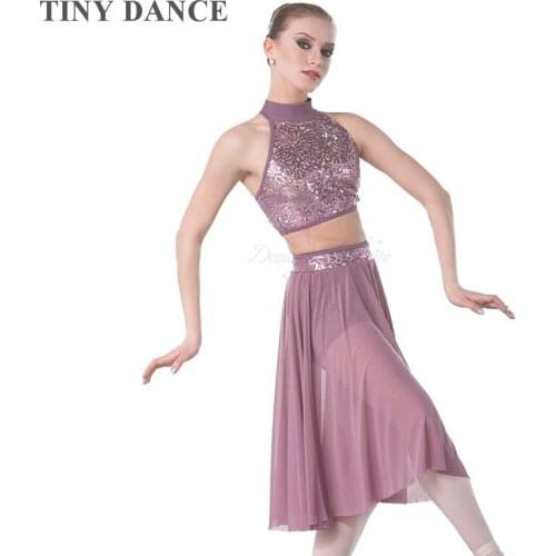 Purple Grey Sequin Lace Bodice Lyrical & Contemporary Dance Costume for Child and Adult Halter Neck Ballet Dancing Dress 18005