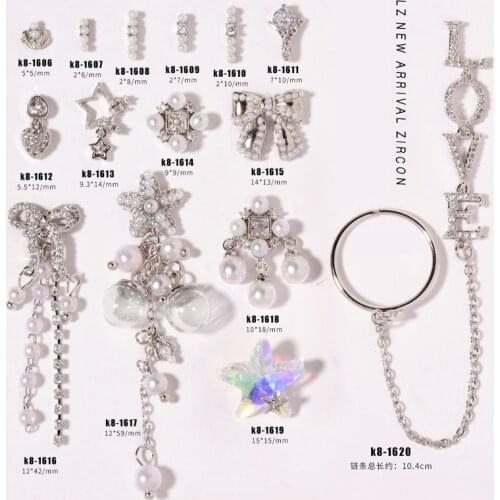 2 Pcs Luxury Zircon Charm Pearl 3D Nail Art Decorations Diamond Crystal Silver Alloy Chain Pendant Manicure Design Accessories