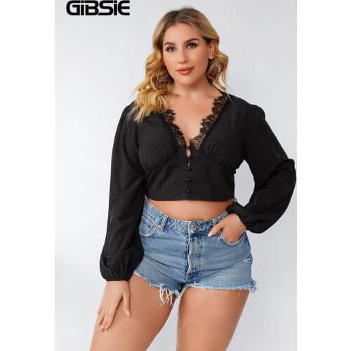 GIBSIE Plus Size Black Lace Patchwork Crop Top Blouse Women Deep V Neck Long Sleeve Casual Sweet Ladies Blouses Autumn 2021