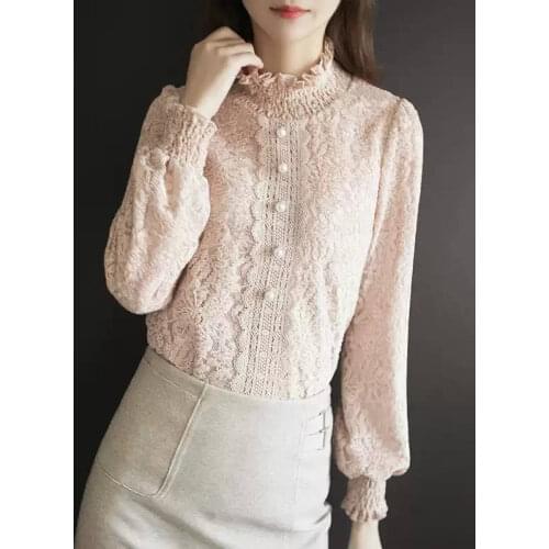 Womens Spring Autumn Style Blouse Shirt Womens Turtleneck Solid Color Long Sleeve Button Elegant Lace Tops SP1335